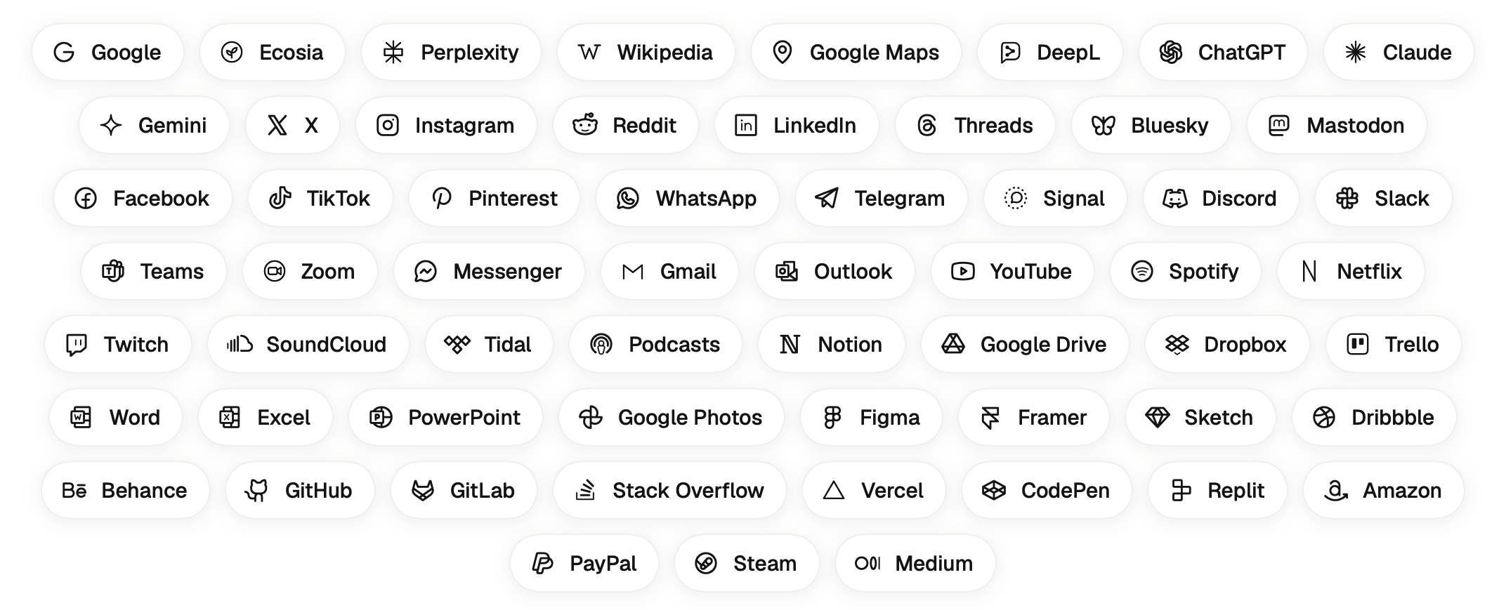 Shortcut logos: Google, ChatGPT, Claude, Gemini, YouTube, Spotify, Notion, GitHub, Figma, WhatsApp, Slack and more