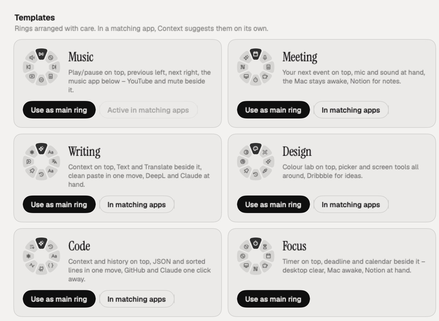 ORBO settings: ring templates for music, meetings, writing, design, code and focus